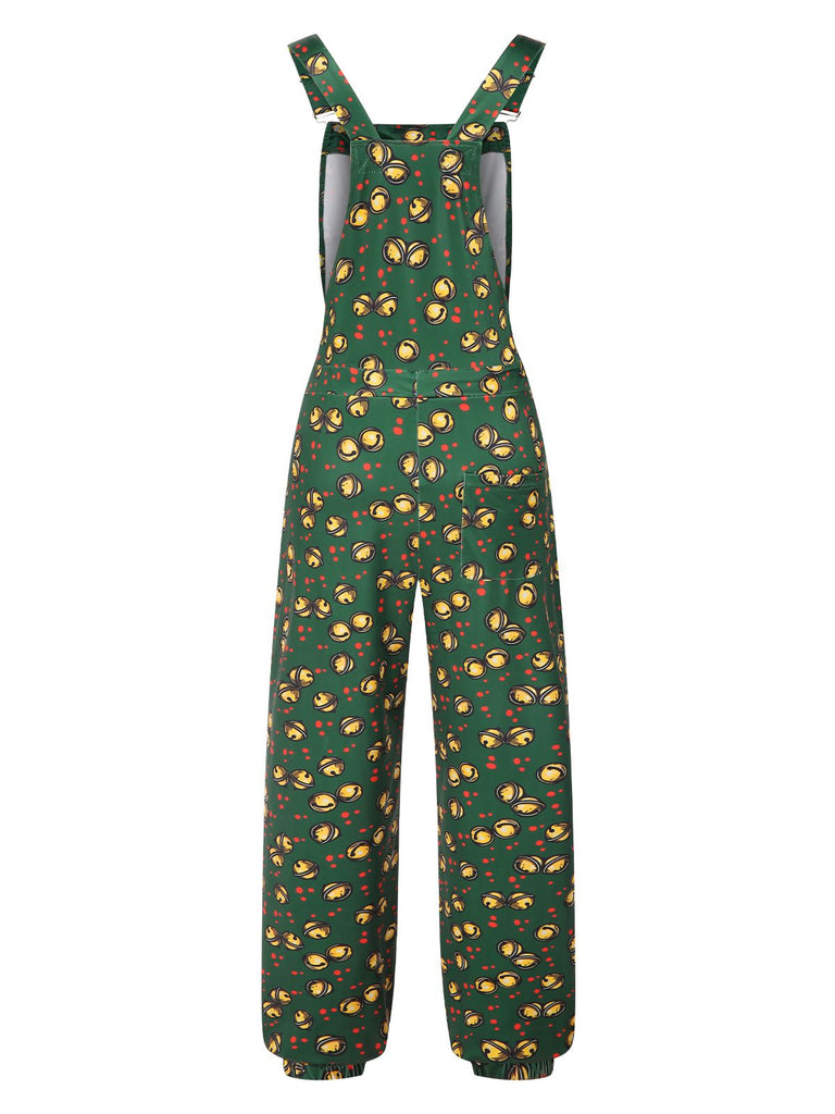 Dark Green 1930s Christmas Bells Multi-Pocket Jumpsuit