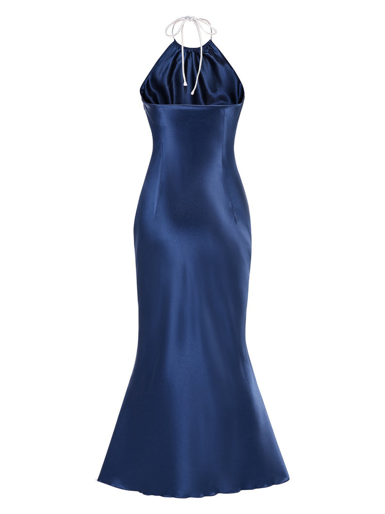 Dark Blue 1930s Satin Halter Mermaid Dress