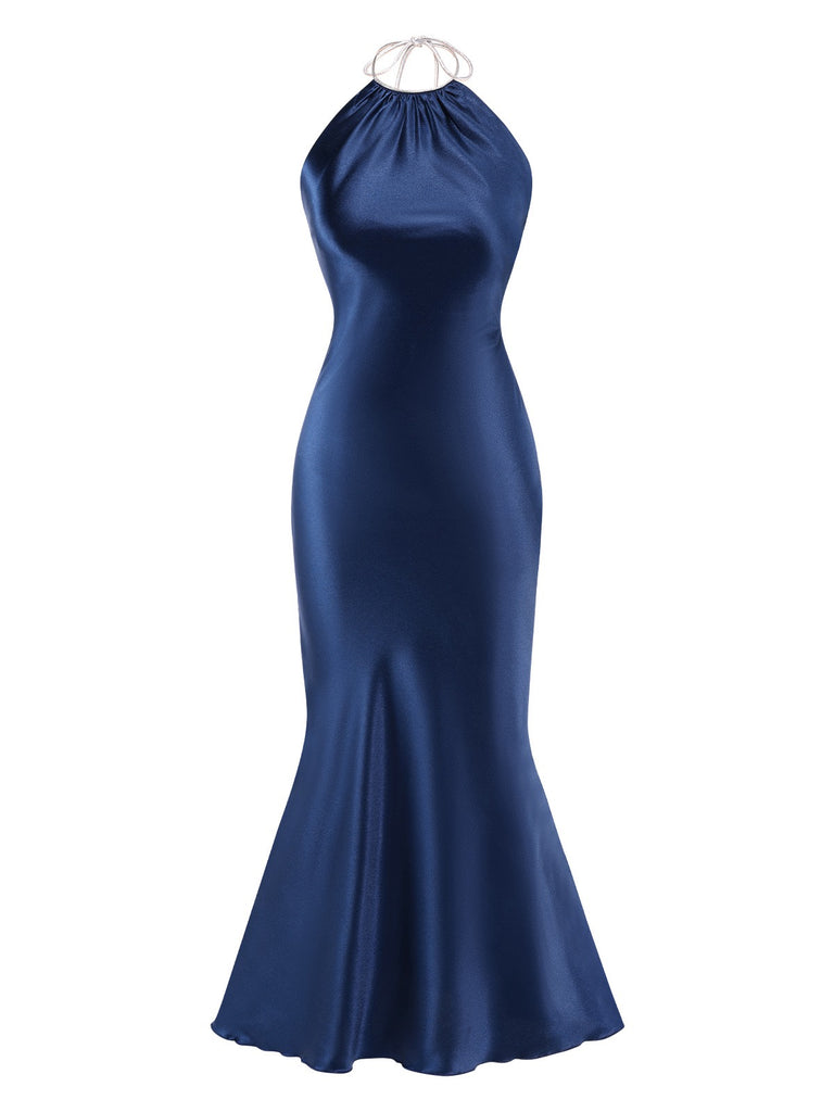 Dark Blue 1930s Satin Halter Mermaid Dress