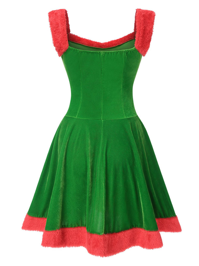 1940s Christmas Faux Fur Velvet Swing Dress