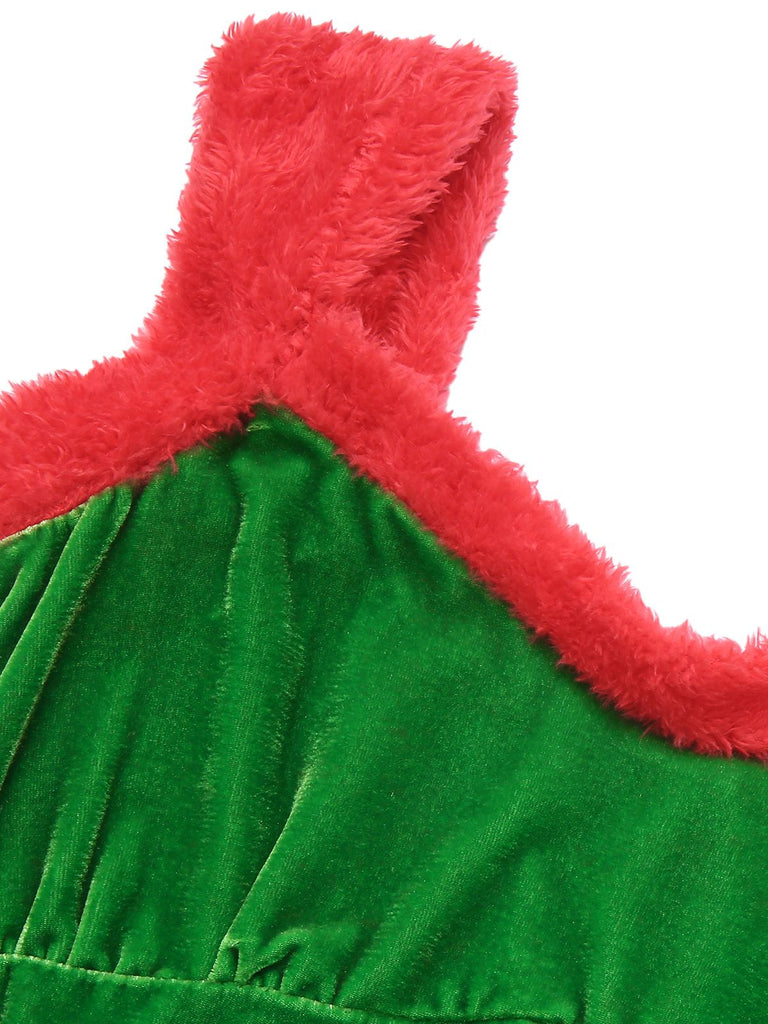 1940s Christmas Faux Fur Velvet Swing Dress