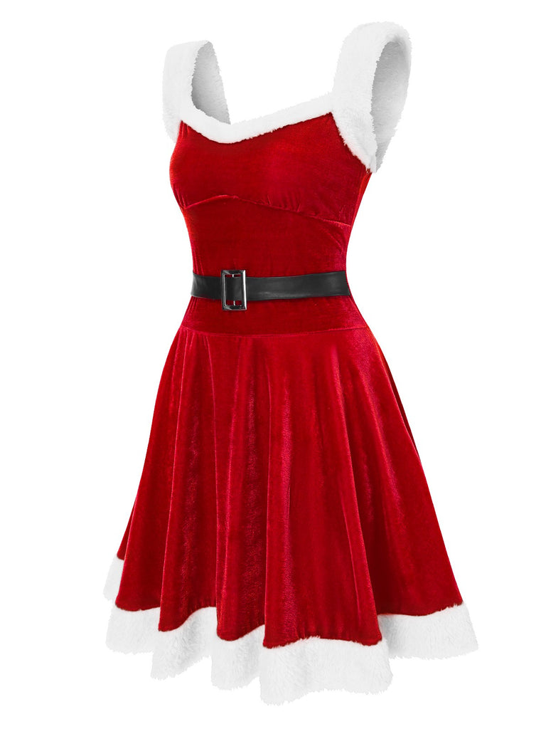 1940s Christmas Faux Fur Velvet Swing Dress