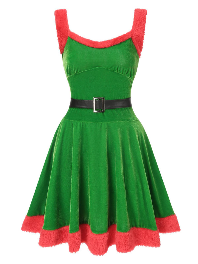 1940s Christmas Faux Fur Velvet Swing Dress