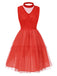 Red 1950s Solid Mesh Bow Translucent V-Neck Dress