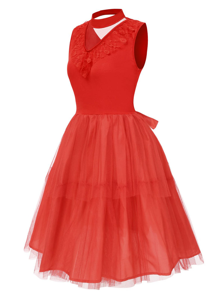 Red 1950s Solid Mesh Bow Translucent V-Neck Dress