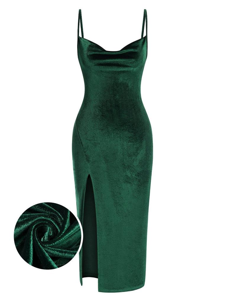 Green 1960s Slit Suspender Velvet Dress