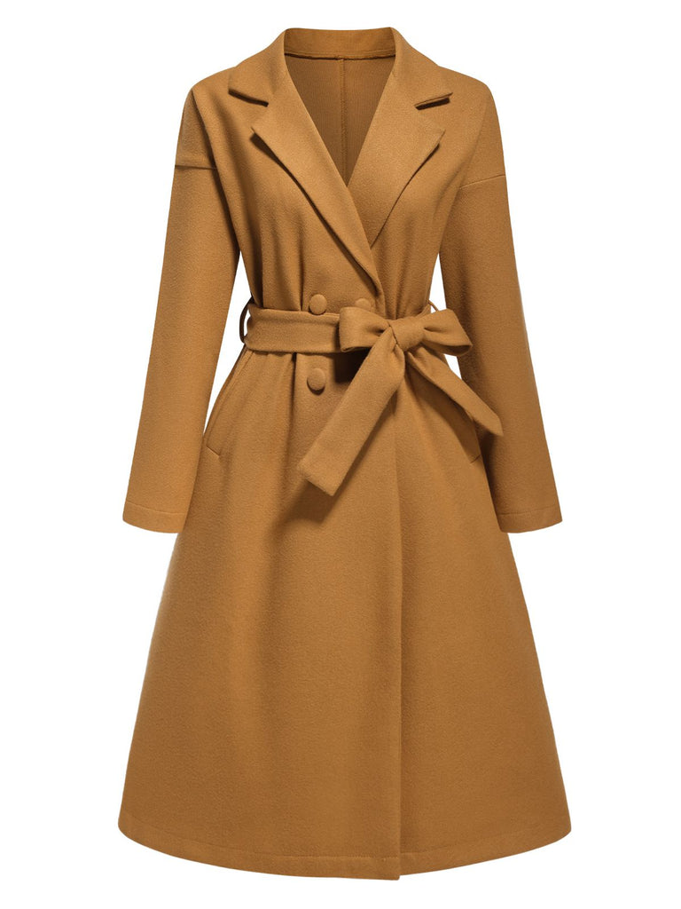 Khaki 1960s Turn-Up Collar Solid Belted Coat