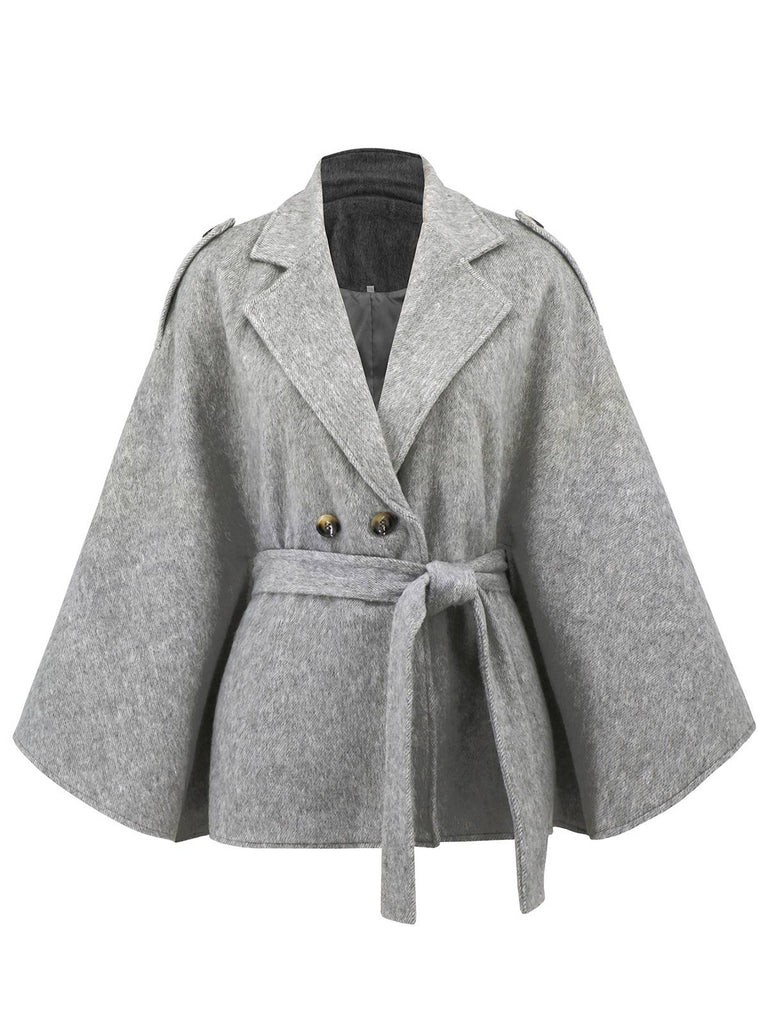 Gray 1950s Solid Notched Collar Belted Cloak Coat