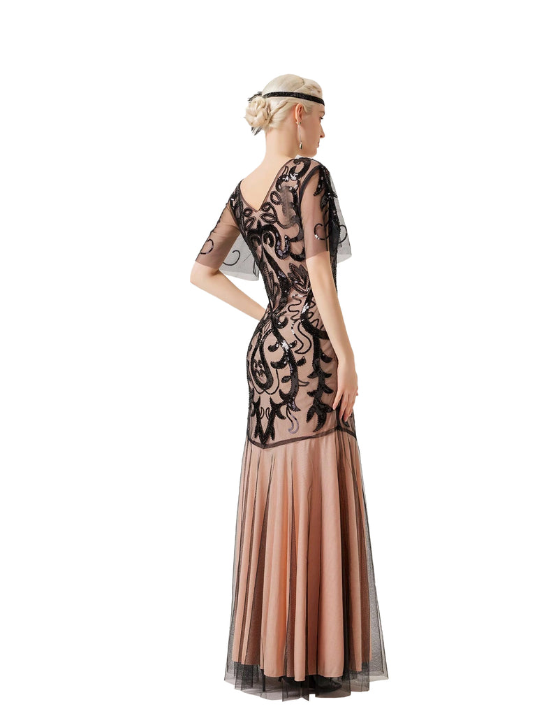 Apricot 1920s V-Neck Sequined Mesh Evening Dress