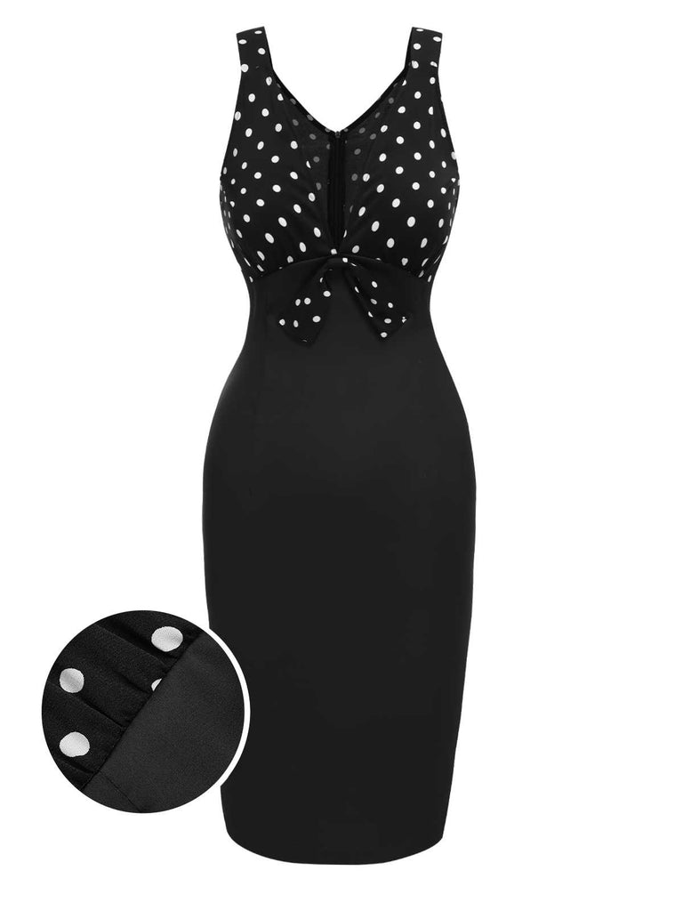 [Pre-Sale] Black 1960s Strap V-Neck Bow Polka Dots Dress