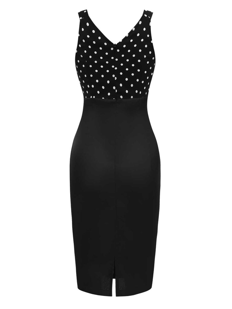 [Pre-Sale] Black 1960s Strap V-Neck Bow Polka Dots Dress