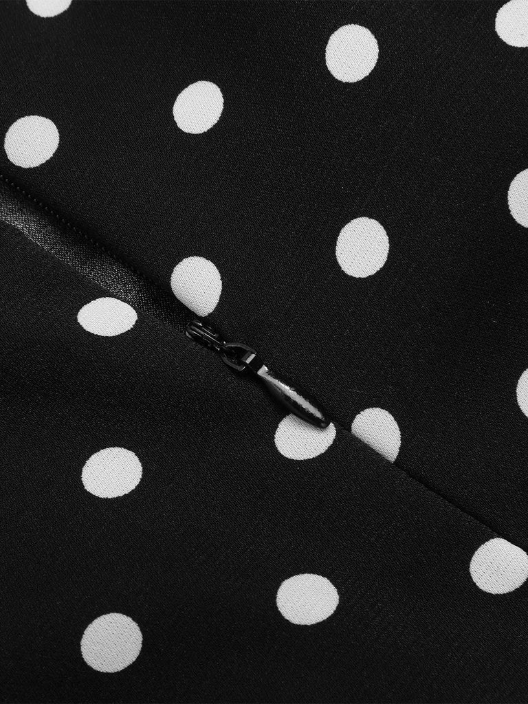 [Pre-Sale] Black 1960s Strap V-Neck Bow Polka Dots Dress