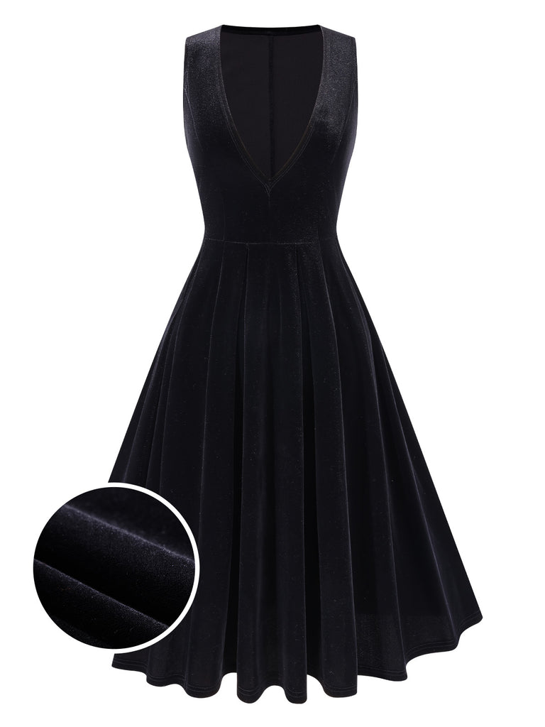 [Pre-Sale] Black 1950s Velvet Deep V-Neck Pleated Vest Dress