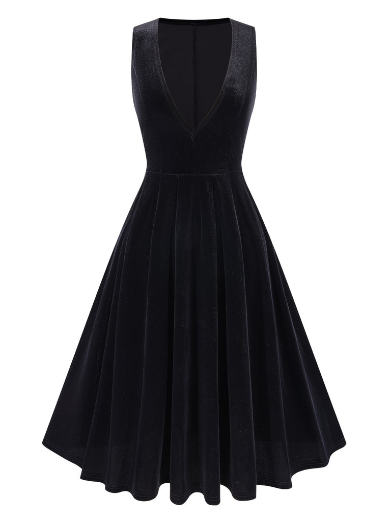 [Pre-Sale] Black 1950s Velvet Deep V-Neck Pleated Vest Dress