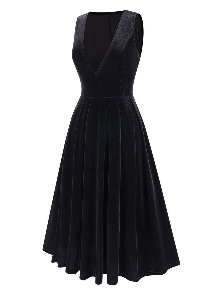 [Pre-Sale] Black 1950s Velvet Deep V-Neck Pleated Vest Dress