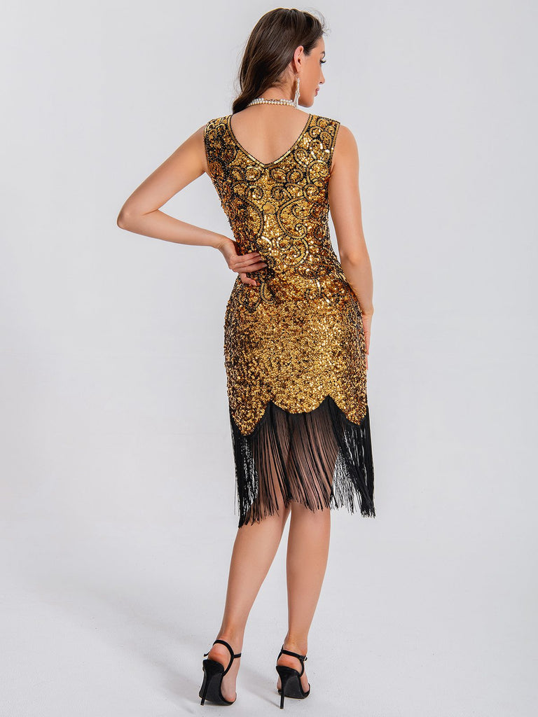 1920s V-Neck Symmetrical Pattern Tassel Sequined Dress