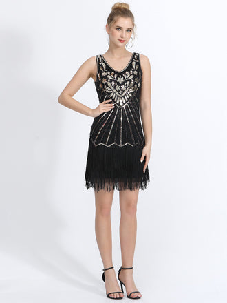 1920s V-Neck Plants Tassel Sequined Dress