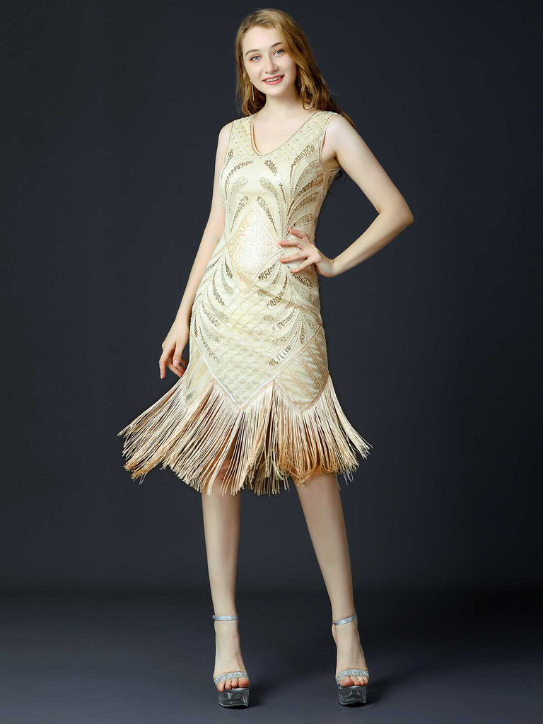 1920s Sequined Fringe Flapper Sleeveless Dress