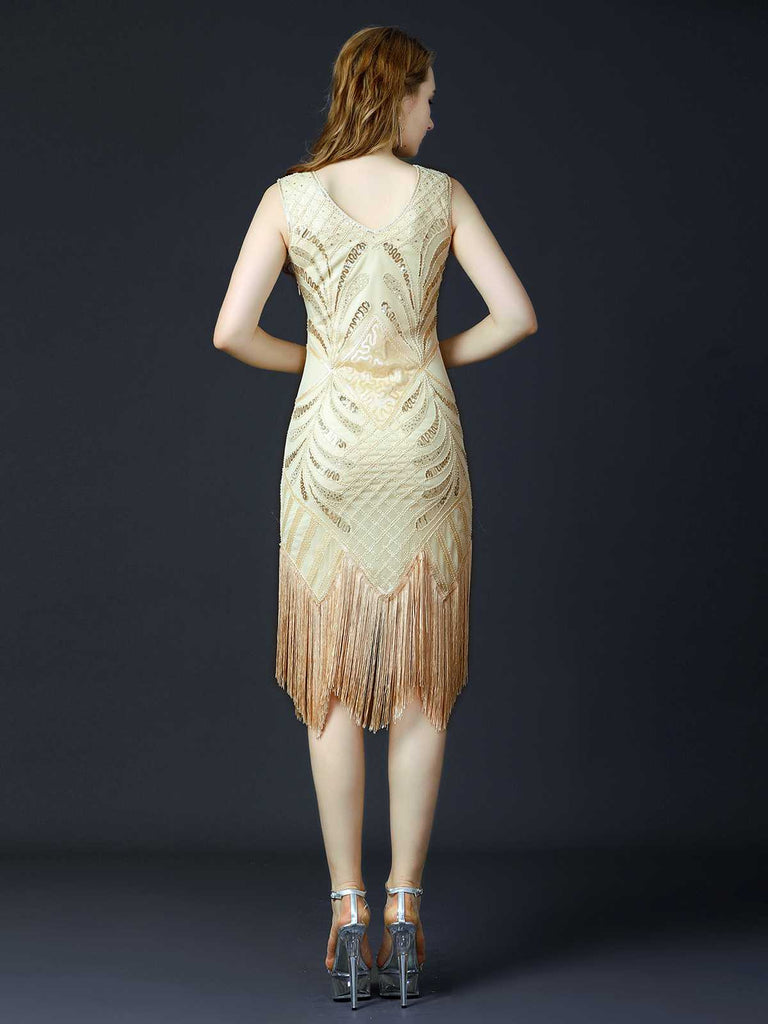 1920s Sequined Fringe Flapper Sleeveless Dress