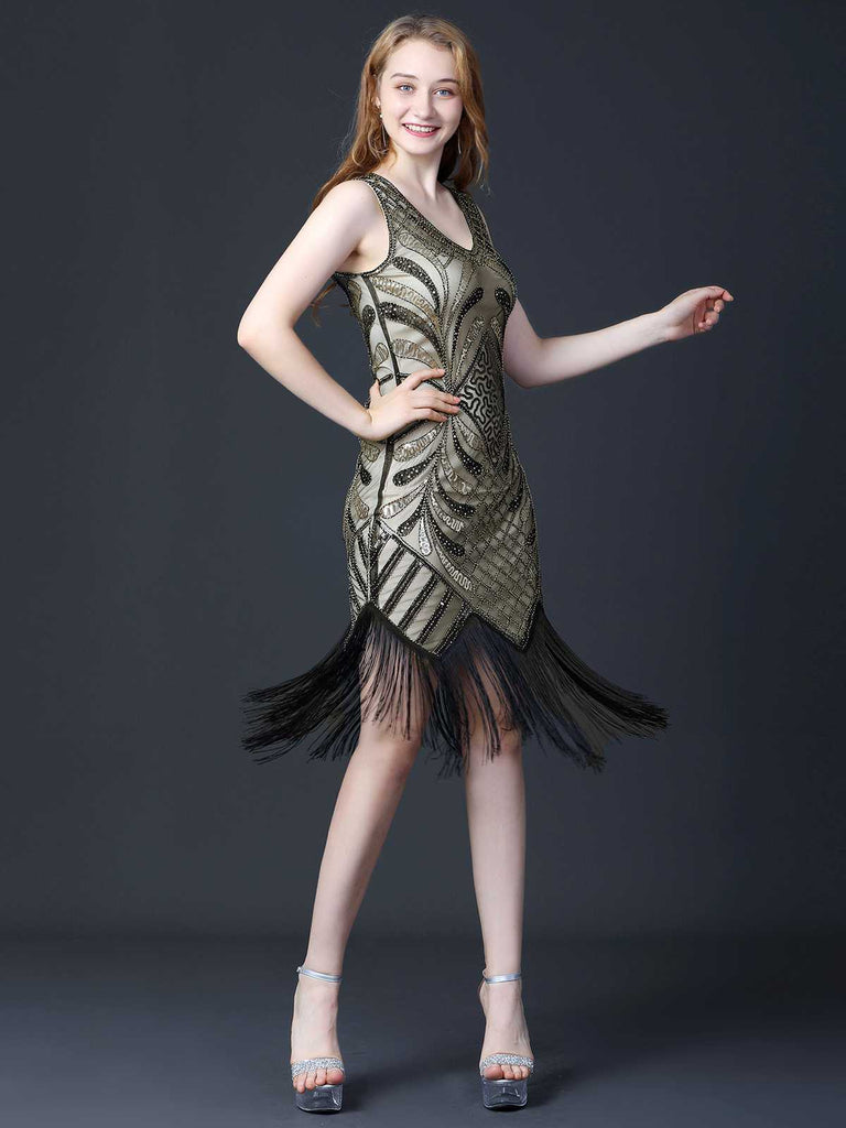 1920s Sequined Fringe Flapper Sleeveless Dress