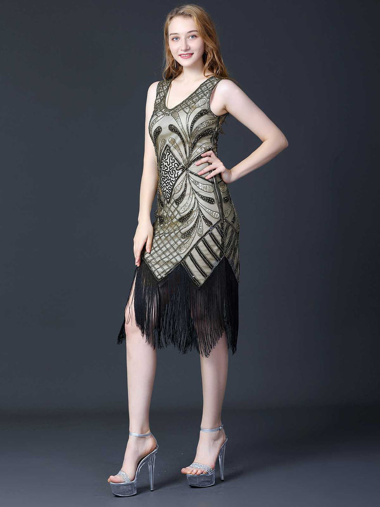 1920s Sequined Fringe Flapper Sleeveless Dress