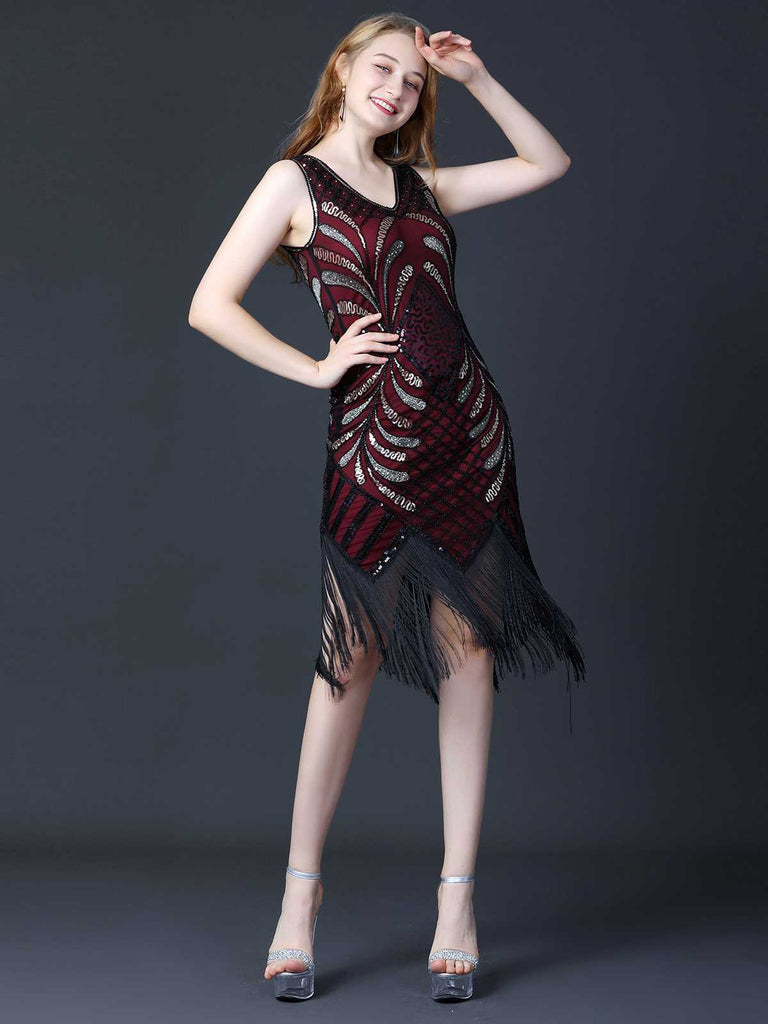 1920s Sequined Fringe Flapper Sleeveless Dress