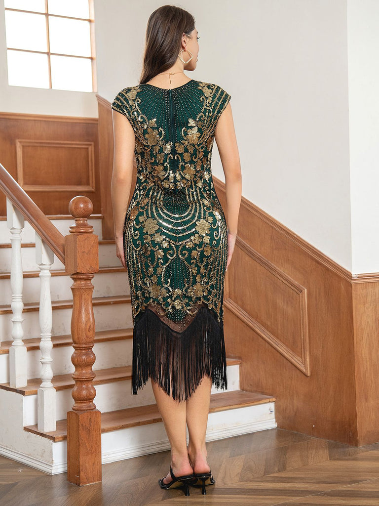 1920s Floral Pattern Sequined Tassel Dress