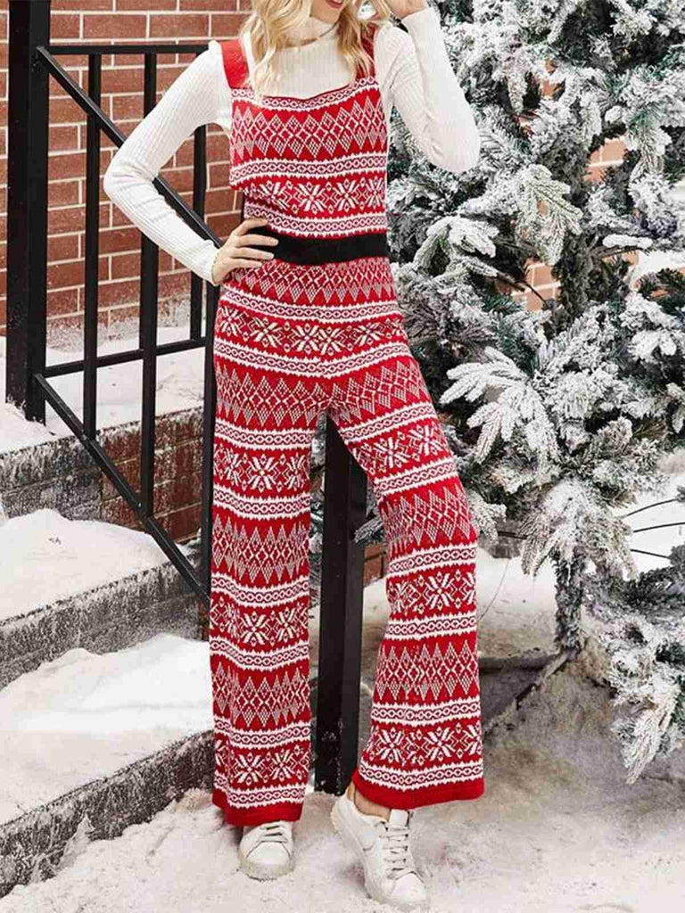 Red 1970s Christmas Straps Knitted Jumpsuit