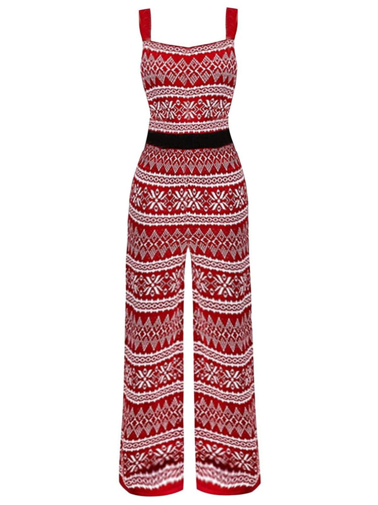 Red 1970s Christmas Straps Knitted Jumpsuit