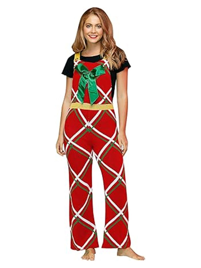 1970s Christmas Gift-Themed Bow Plaid Jumpsuit