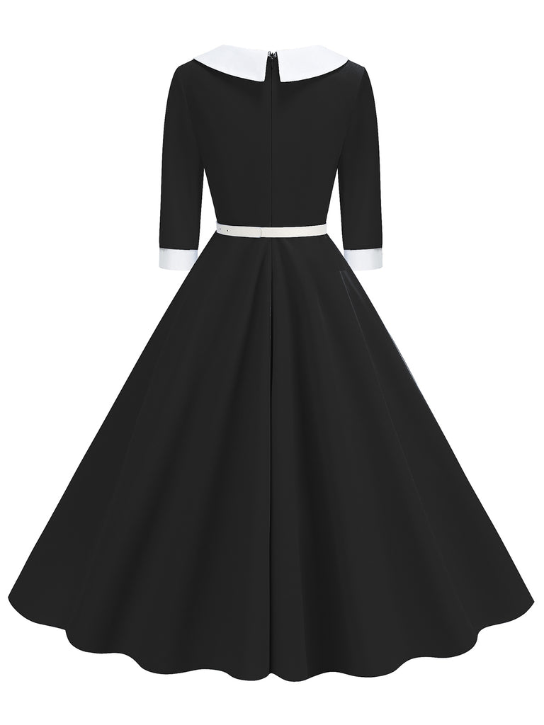 1950s Contrast Tie Neck Belted Lapel Dress