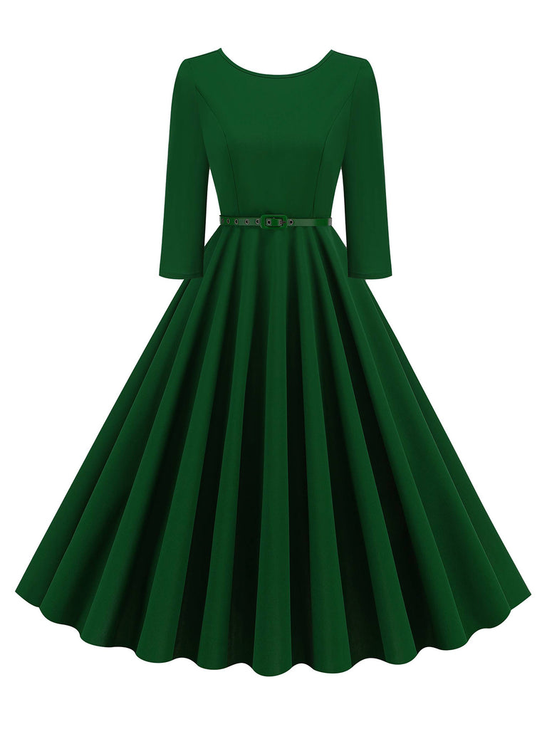 1950s Solid Belted Swing Dress