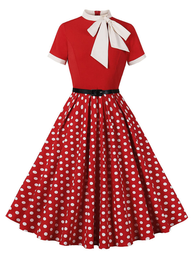 1950s Tie Neck Polka Dots Belted Dress