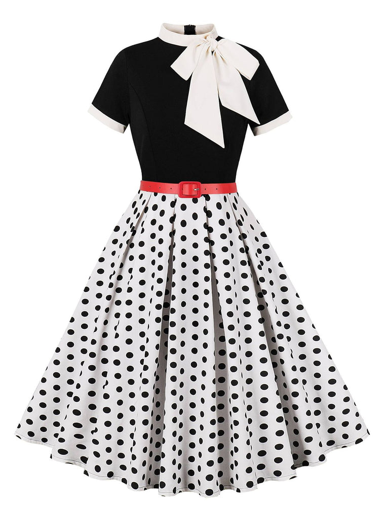 1950s Tie Neck Polka Dots Belted Dress