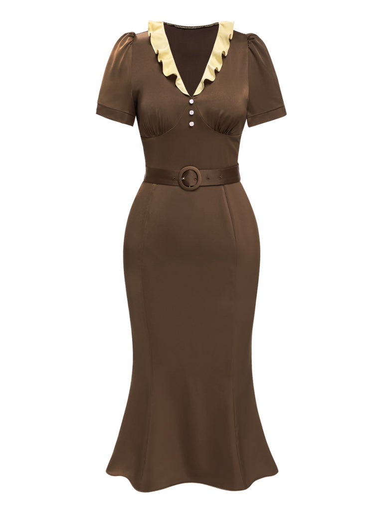 [Pre-Sale] Brown 1930s Contrast Ruffle Collar Mermaid Dress