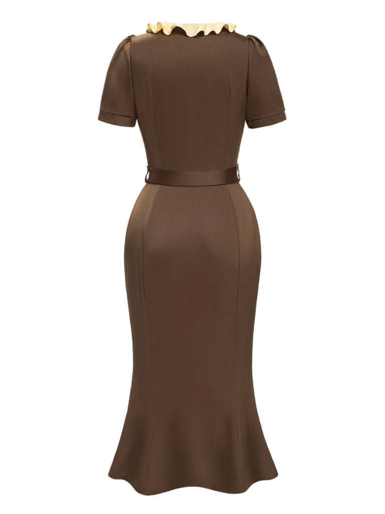 [Pre-Sale] Brown 1930s Contrast Ruffle Collar Mermaid Dress