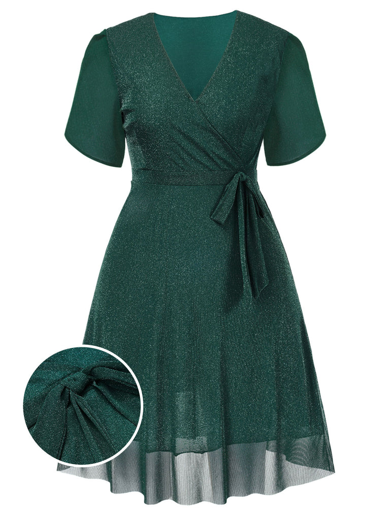 [Pre-Sale] [Plus Size] Dark Green 1970s V-Neck Tulip Sleeve Dress