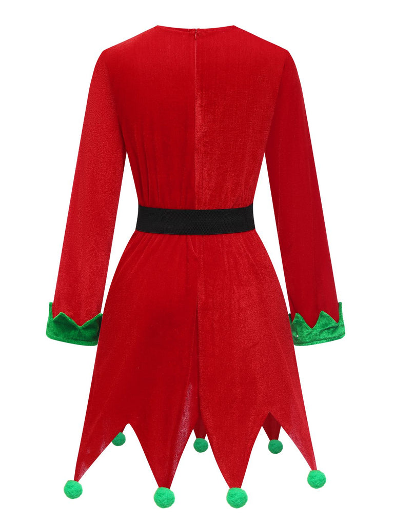 Red 1980s Christmas Elf Costume Dress Set