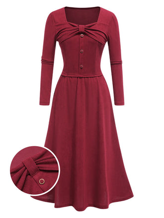 2PCS Red 1950s Corduroy Bow Top & Skirt