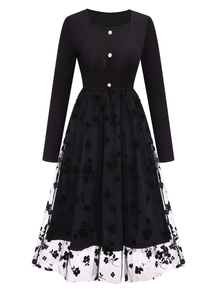 Black 1950s Floral Mesh Patchwork Dress