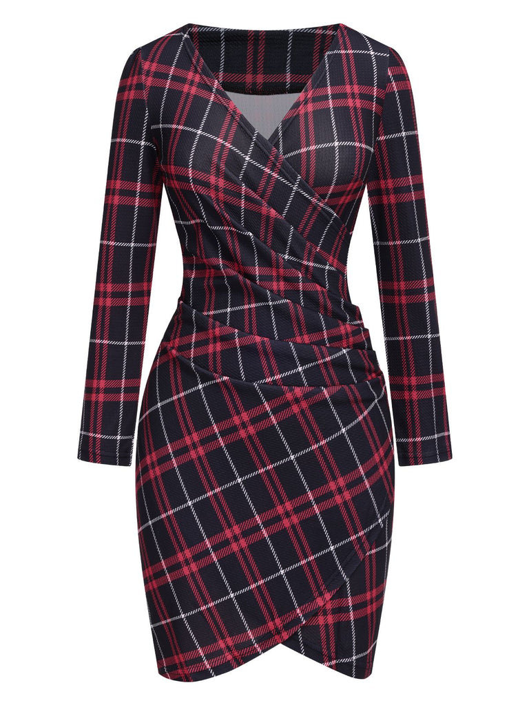 1960s V-Neck Tartan Plaids Wrap Dress