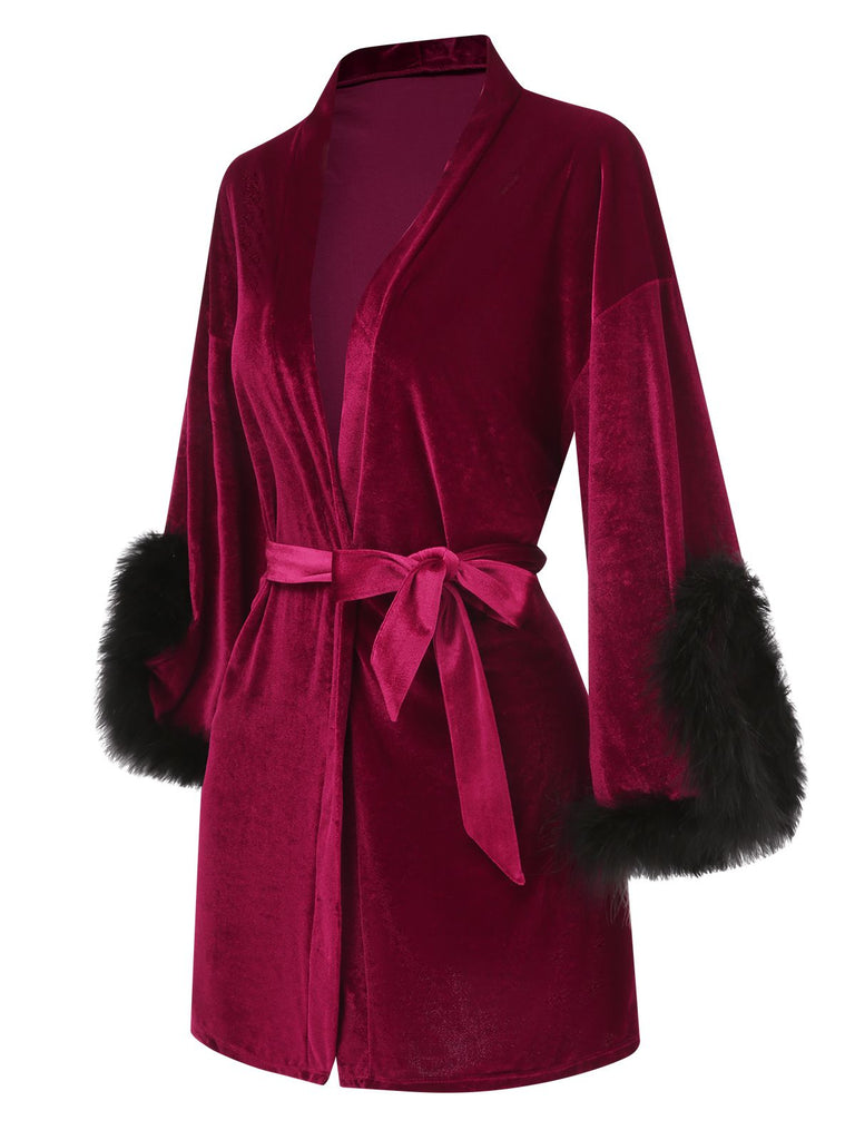 Wine Red 1960s Velvet Fur Lace-Up Sleepwear