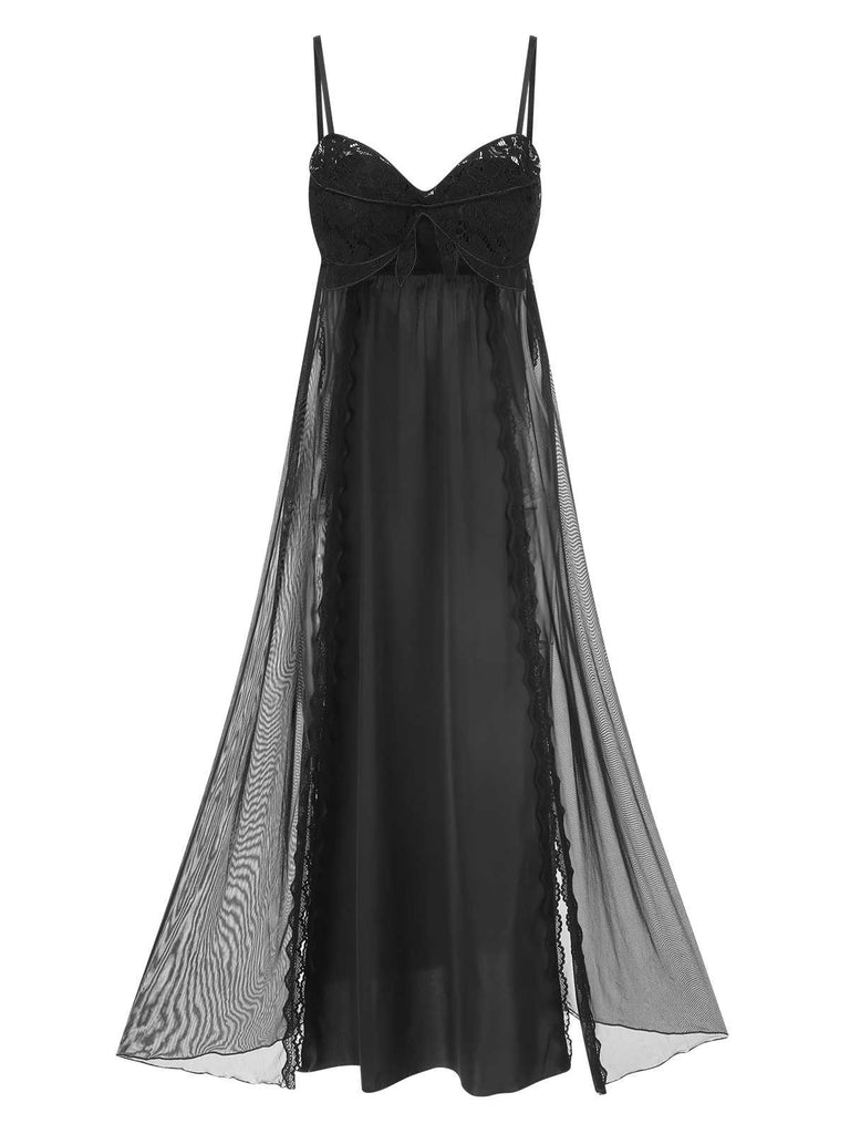 Black 1950s Spaghetti Strap Bow Lace Mesh Nightgown