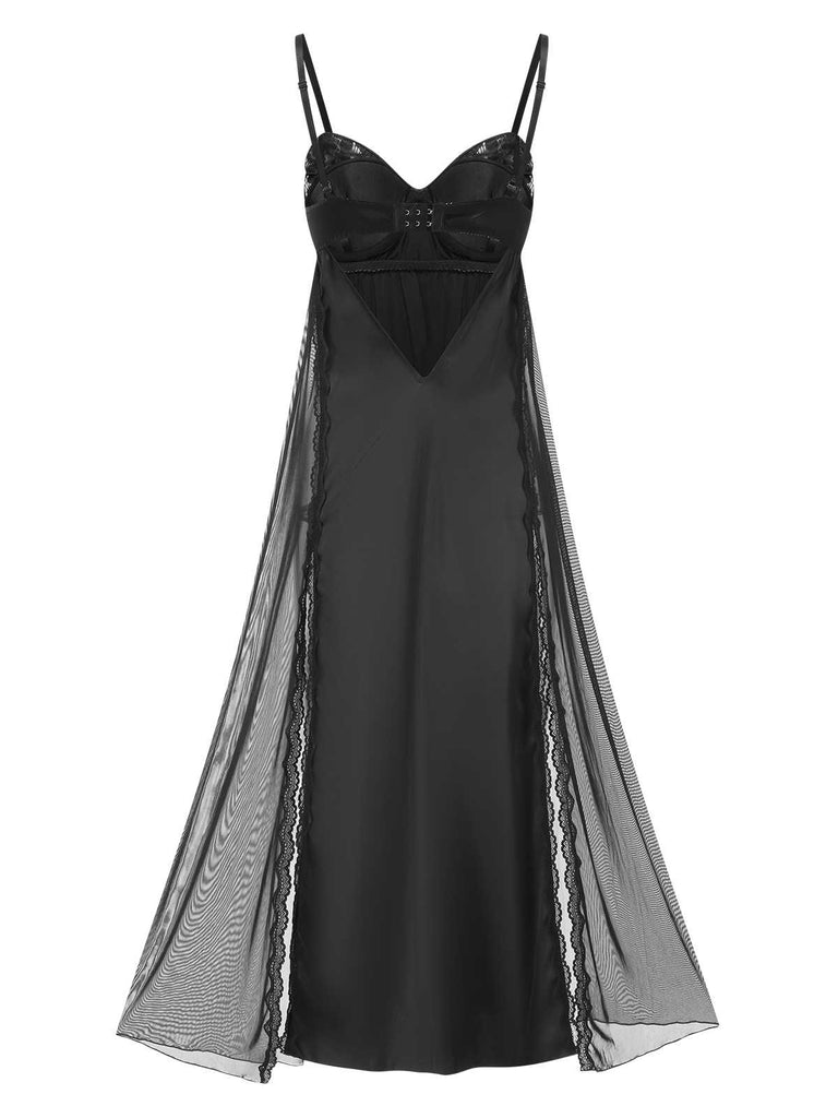 Black 1950s Spaghetti Strap Bow Lace Mesh Nightgown