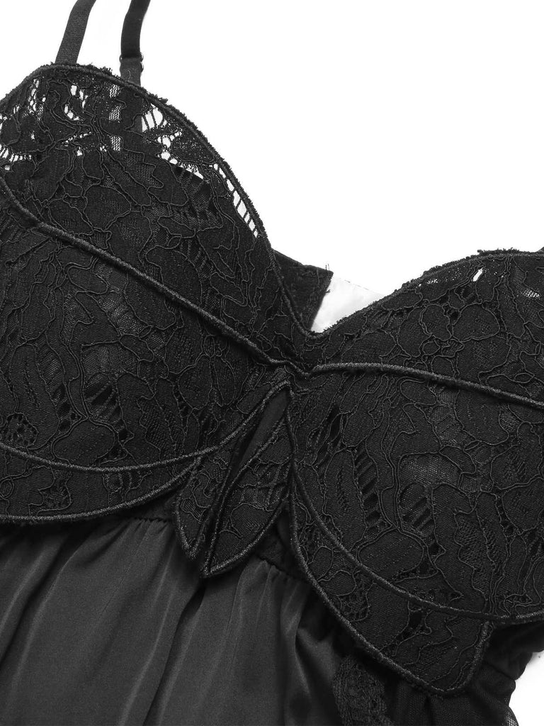 Black 1950s Spaghetti Strap Bow Lace Mesh Nightgown