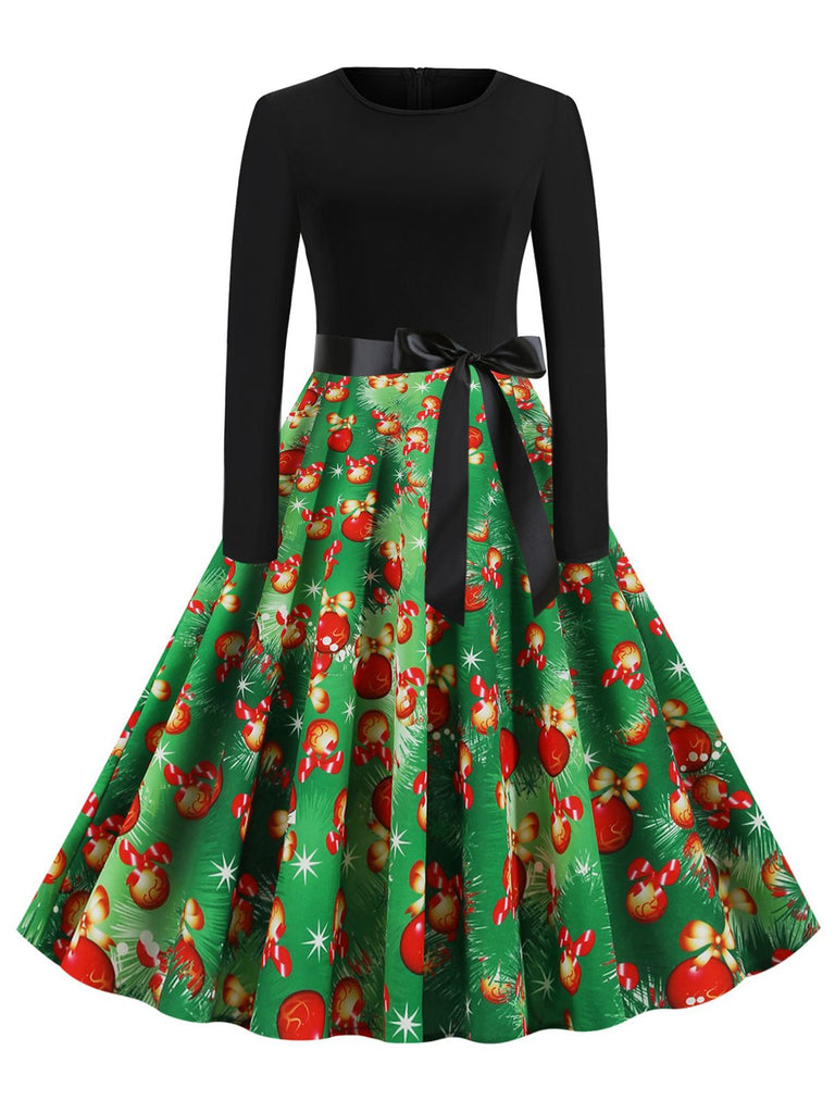 Green 1950s Christmas Bow Belted Swing Dress