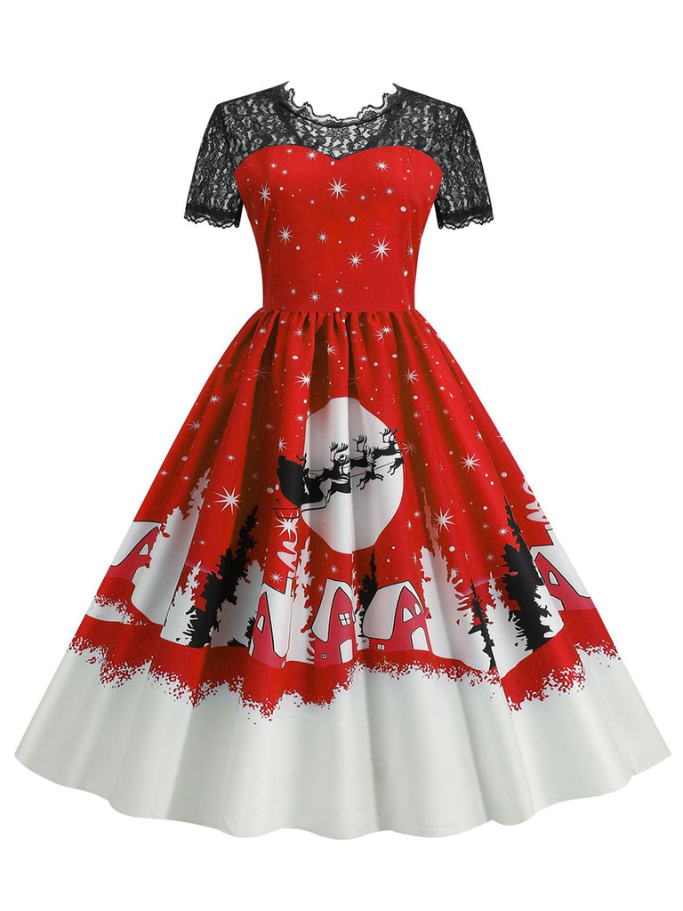 1950s Christmas Print Lace Swing Dress