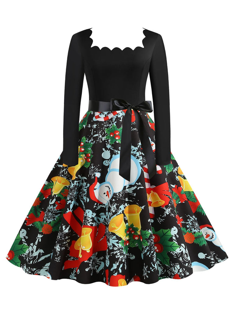 Black 1950s Christmas Print Belted Dress