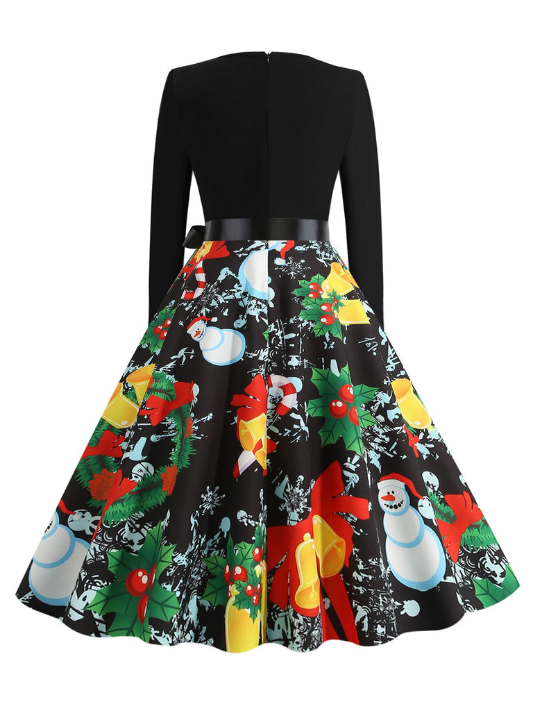 Black 1950s Christmas Print Belted Dress