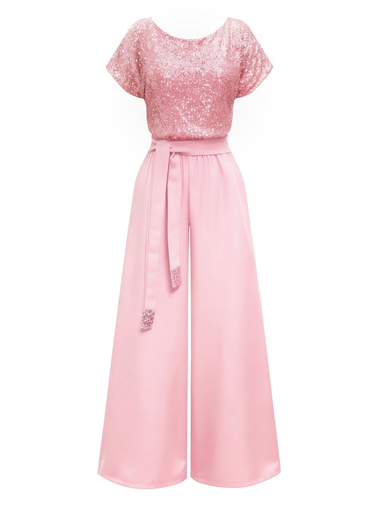 Pink 1960s Sequined Wide-Leg Jumpsuit